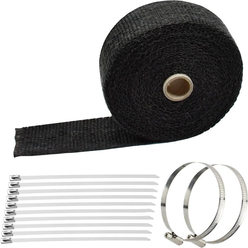 TuhooMall 2" x 50' Titanium Exhaust Heat Wrap for Motorcycle Car,Fiberglass Exhaust Header Wrap Tape with Stainless Steel Locking Ties and Duct Clamps (Black) - Image 1